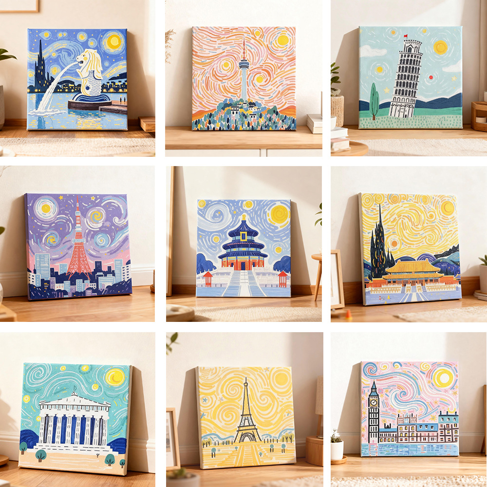 Transfronterizo nuevo mundo pinturas al óleo digital con marco diy acrílico rellenado a mano curar pinturas decorativas paisajísticas