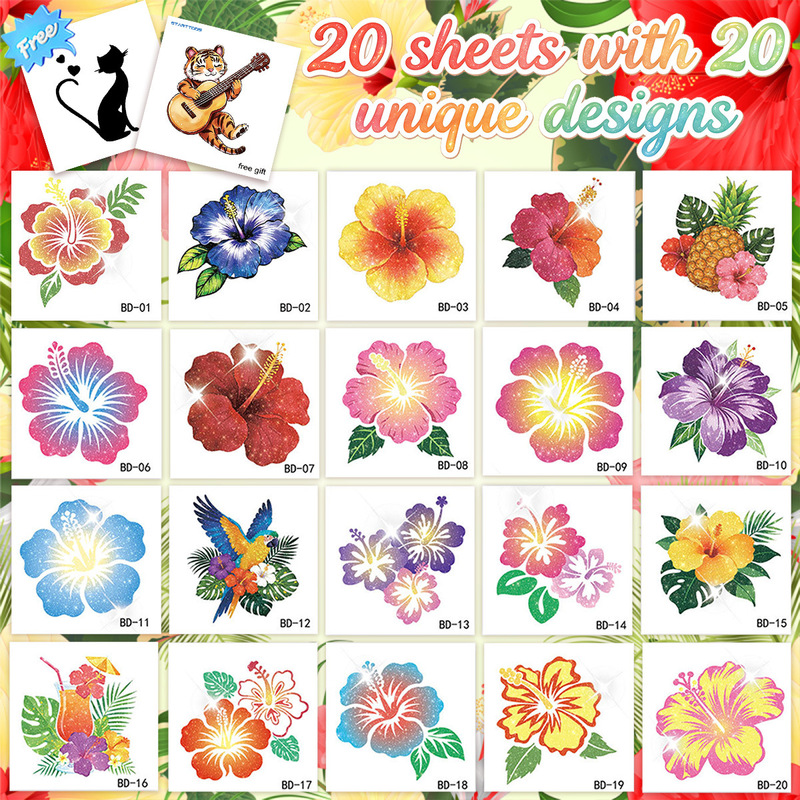 20PCS Set of Children's Summer Beach Glitter Hawaiian Hibiscus Flower Pattern Wrist and Ankle Tattoo Stickers