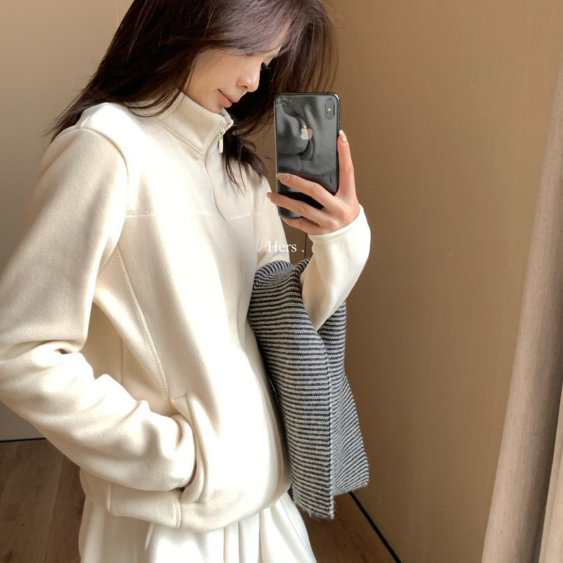 Hers One Spoon of Sweet Autumn and Winter Korean Style Simple Style Versatile Slimming Look Elegant Zipper Thick Stand Collar Warm Jacket