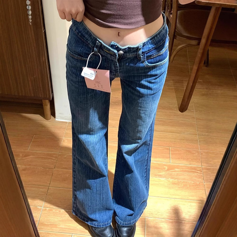 深蓝色竹节纹复古微喇牛仔裤女2025年高个子不贴腿低腰宽松喇叭裤|undefined