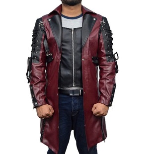 Autumn and Winter Amazon Mid-length Leather Men's Halloween Medieval Costume Punk Gothic Style Leather Coat