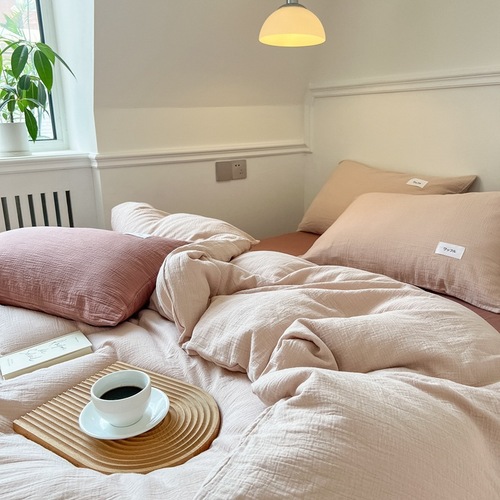 Class A Baby-Grade 100% Cotton Double-Layer Gauze Four-Piece Set: 100% Pure Cotton Sleep-Ready Bed Sheets with Three-Layer Gauze—Japanese-Style Bedding