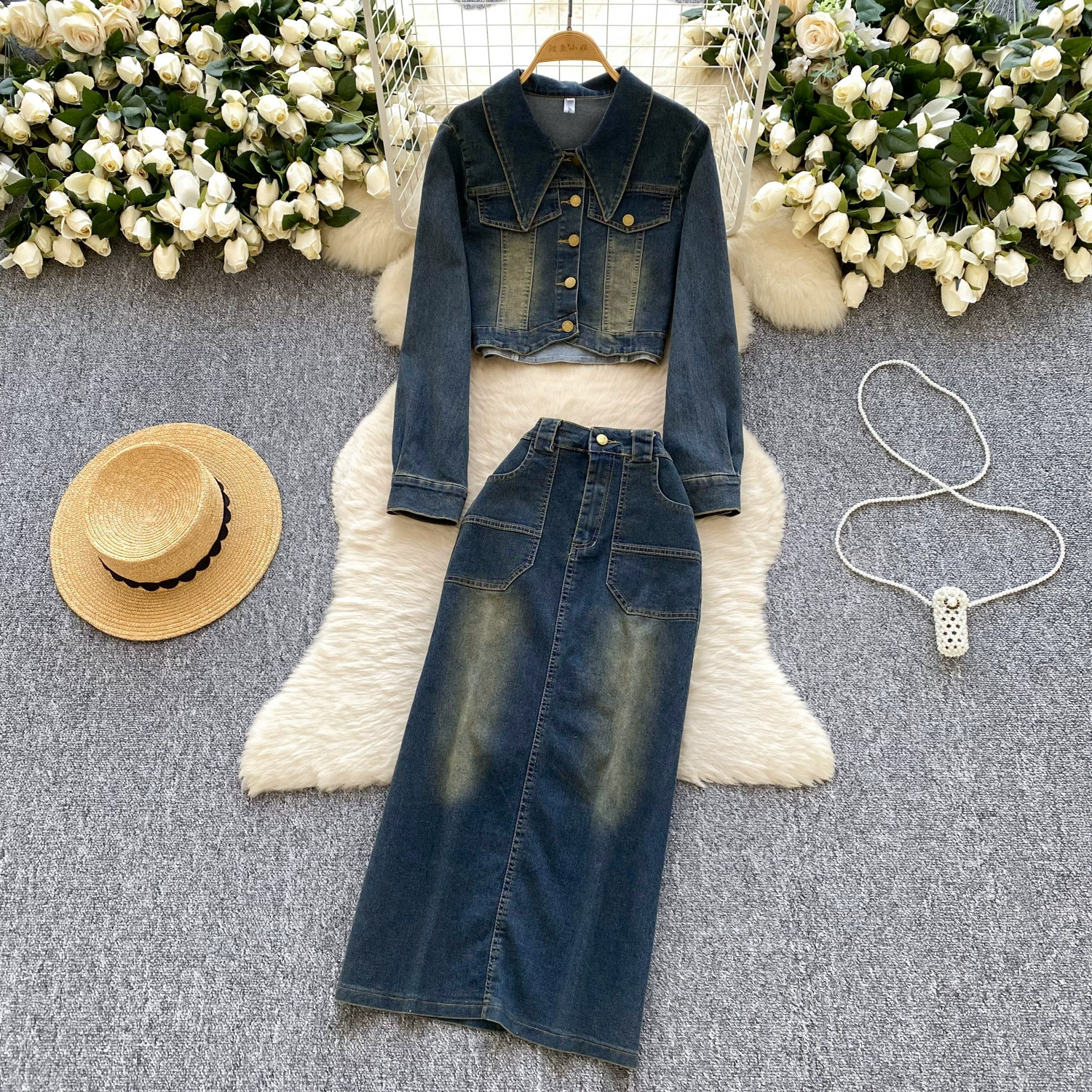 Гонконгский модный набор женский чик ретро старый короткий джинсовый пиджак топ с высокой талией тонкая юбка