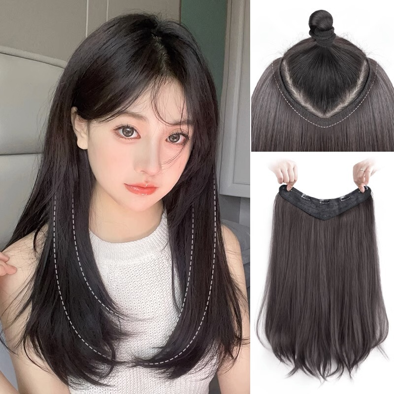 One-Piece U-Shaped Micro-Curly Wig for Women with Long Hair, Inner Buckle Hair Extensions, Fluffy Hair Extensions, Long Straight Hair Patches