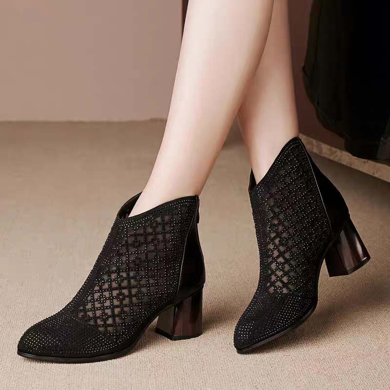 春夏季新款网格镂空短靴网靴真皮高跟网纱凉靴中跟马丁靴薄款