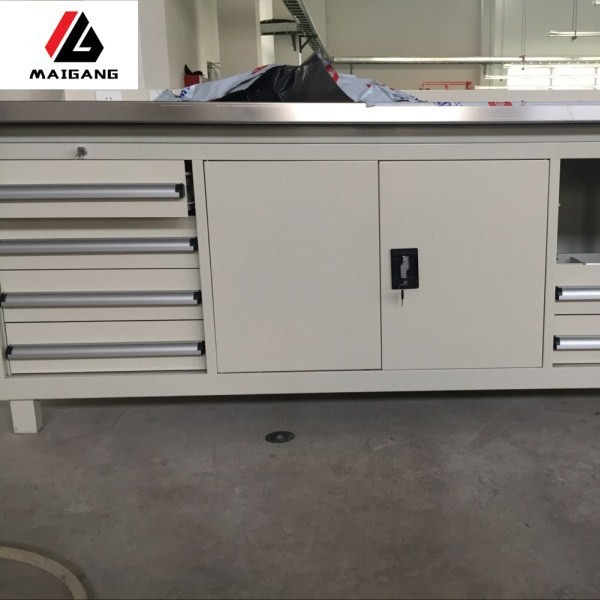 麦冈非标加厚不锈钢桌面车间操作维修台对开门多抽组合重型工作桌