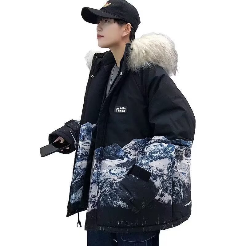 다운 재킷 남자의 겨울 감기 따뜻한 후드 재킷 십대 개인화 된 유행 스노우 마운틴 프린트 남성 다운 재킷
