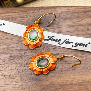 French retro new flower-shaped enamel glaze earrings niche medieval inlaid crystal glass temperament ear hook earrings