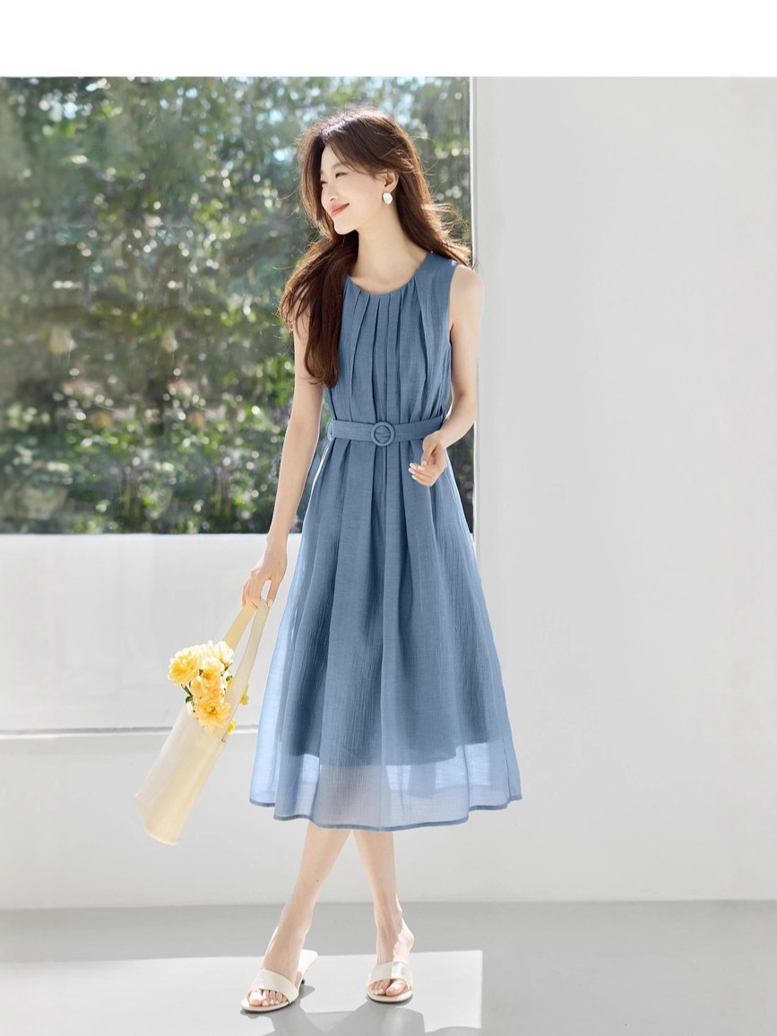 Váy đầm nữ cổ tròn eo thắt dáng chữ A phong cách công sở — Màu xanh da trời