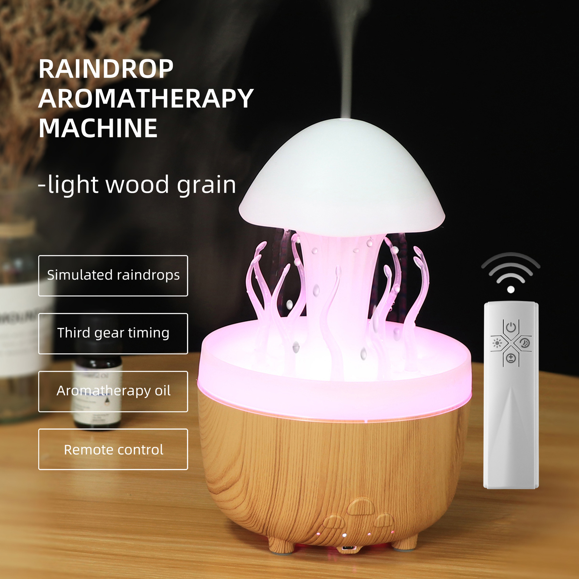 Nuevo control remoto medusa lluvia humidificador giratorio luces de colores atomización ultrasónica gotas de lluvia humidificación nube lluvia fragancia de hongos