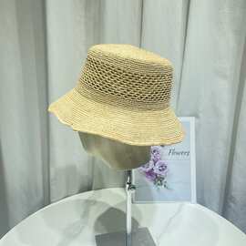 ins度假风韩版手工镂空细拉菲草编织草帽女夏季防晒渔夫帽沙滩帽