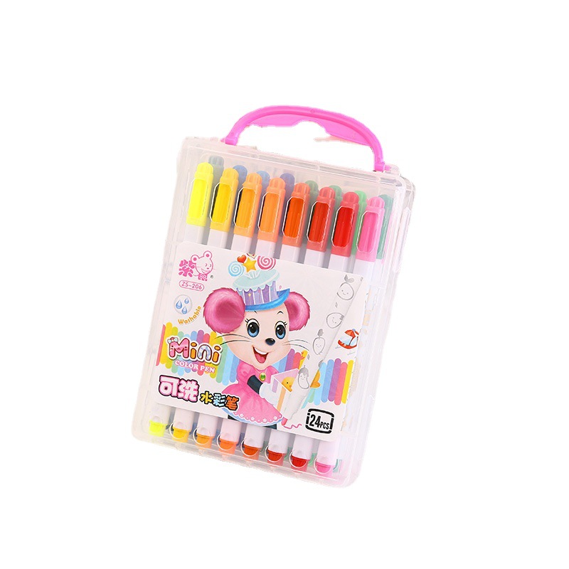 Venta al por mayor de dibujos animados creativo estudiante lavado pluma niños portátil caja redonda varilla graffiti pluma cepillo niños color pluma