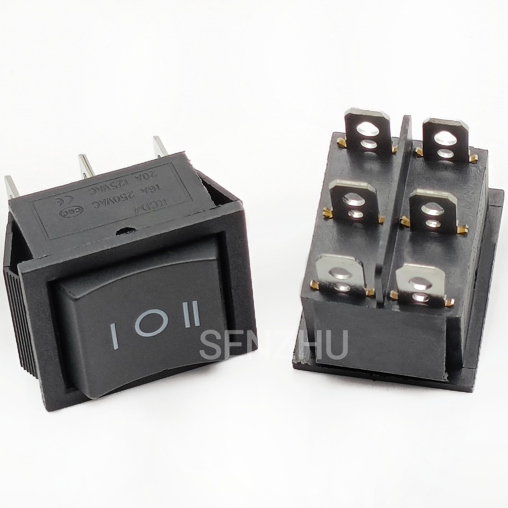 船型开关KCD4 六脚三档6P3T 16A250全黑色翘板电源开关按钮开关