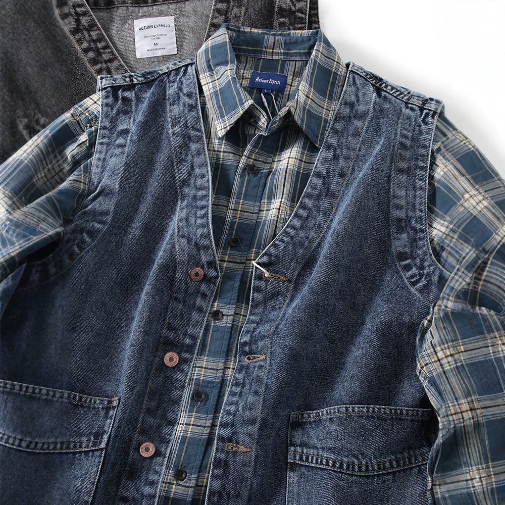 Hong Kong style retro workwear loose denim vest men's American casual cool versatile sleeveless vest men's jacket