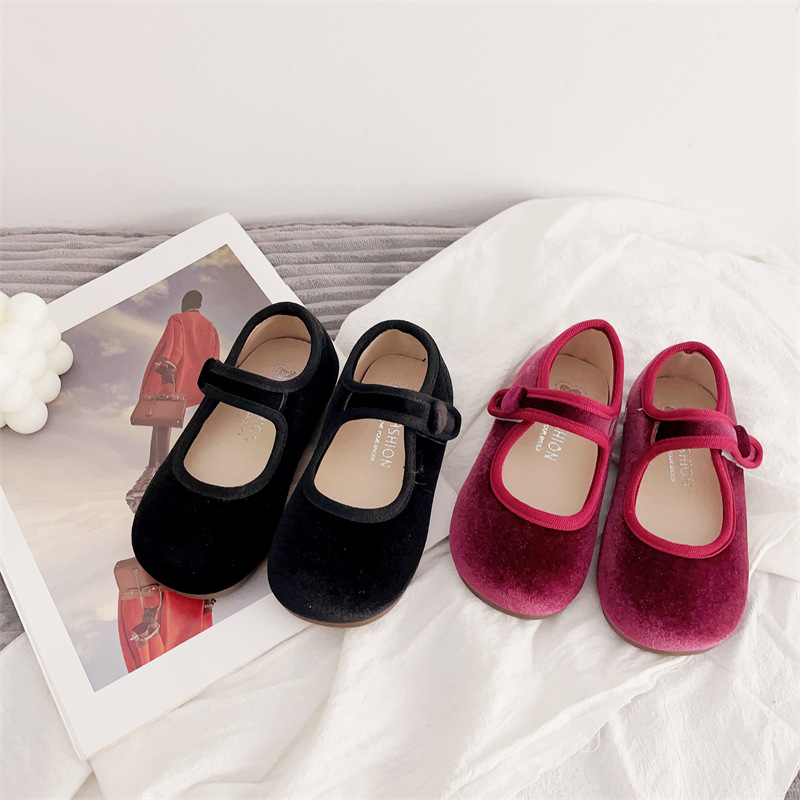 Girls Korean Style Velvet Small Leather Shoes 2024 Spring & Fall New Soft Sole Shallow Mouth Mary Jane Princess Shoes for Small and Medium-sized Kidsren