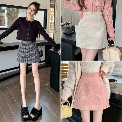 Autumn/Winter Wool Blend Black Retro High-Waisted Slimming Versatile Sequin Mermaid A-Line Skirt for Women