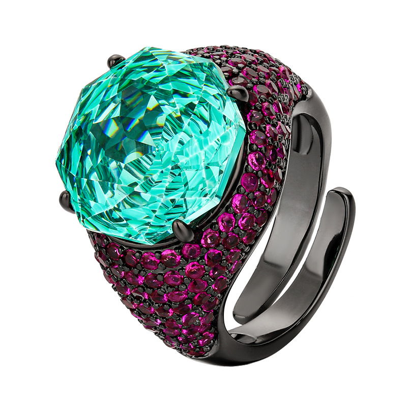 2025 nuevo estilo Zhuang Shengsheng joyería fondo de cobre chapado en oro simulación rosa corte oro negro anillo de personalidad piedra principal 14mm al por mayor