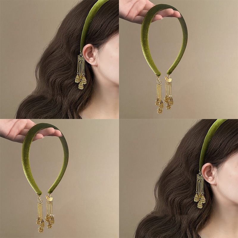 Under Bodhi Leaf ~ Green Velvet Tassel Hairband Chinese-style Miao Xinjiang Tassel Headband Advanced Sense National Style Hair Bundle Boiling