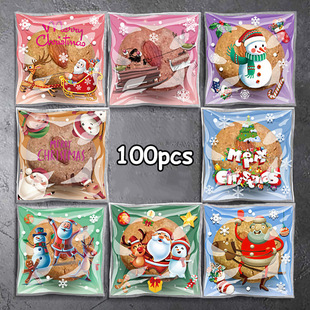 100 Four in One Cartoon Christmas Candy OPP Self-adhesive Bag Holiday Party Chocolate Cookie Gift Bag