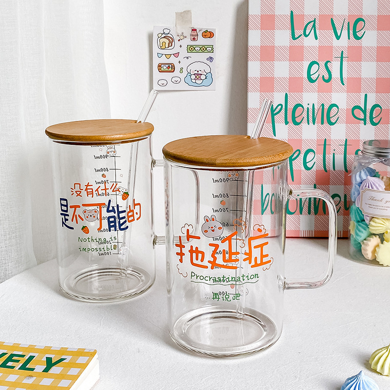 Korean-Style Creative High-Temperature-Resistant Glass Cup with Large Capacity for Male and Female Students to Use at School or at Home for Drinking Water or Milk, 1000ml