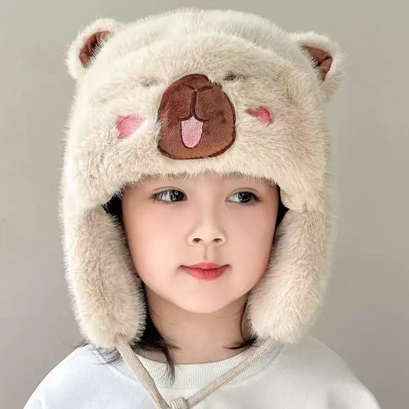 新款儿童帽子男孩可爱卡皮巴拉毛绒帽女童冬季加厚防寒保暖护耳帽|undefined
