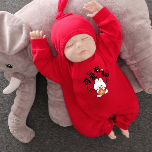 Newborn baby suit  spring long-sleeved baby full moon clothes red birthday one-piece crawling suit