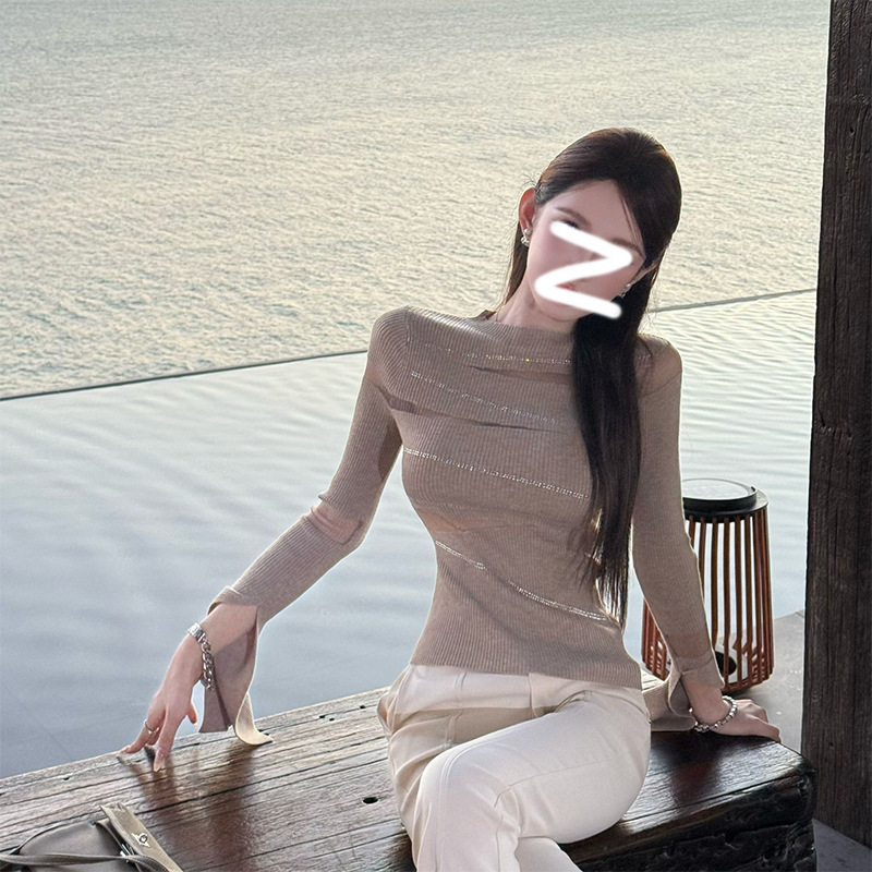 设计感ins风气质性感烫钻上衣秋季设计感纯欲针织衫