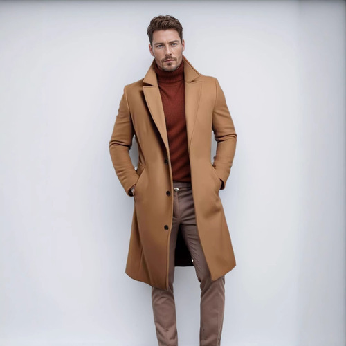 Autumn and Winter Men's Long-Powered Single-Color Wool Coat Warm Youth Wool Material Windbreaker Jacket for Men