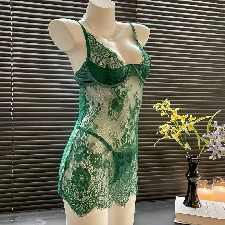 Lace Babydoll Set with Suspenders and Push-Up Shaping, Women’s Split Nightgown — detail image 3
