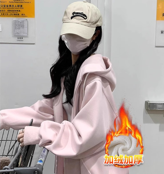 ブルーのスウェットシャツジャケット女性用秋2025新作人気秋ジッパーカーディガン中学生ベルベット厚手トップ