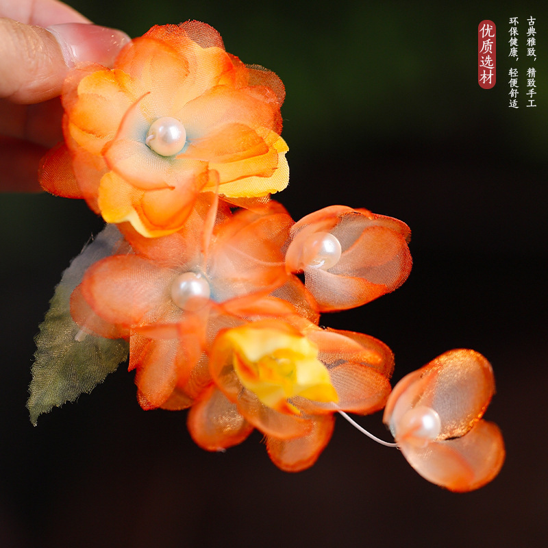 Ancient Style Han Dynasty Elegant Hot Orange Flower Silk Gauze Edge Clip Versatile Palace Style Sweet Flower Hairpin Accessories