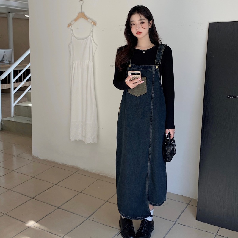 Ropa de embarazo de otoño 2025 nuevo estilo coreano de moda vaquero vestido de cinturón negro de dos piezas vestido de embarazo