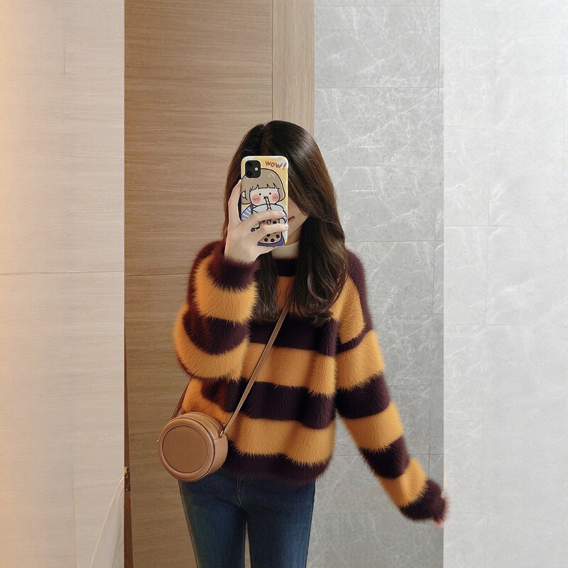 Brown striped faux mink cashmere pullover sweater for women, autumn and winter, soft and cozy, with a high-end feel, thick knitted top