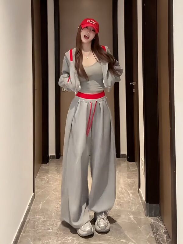 山力达迪休闲时尚运动套装女早秋拼色大兜帽短款卫衣抽绳宽松阔腿|undefined