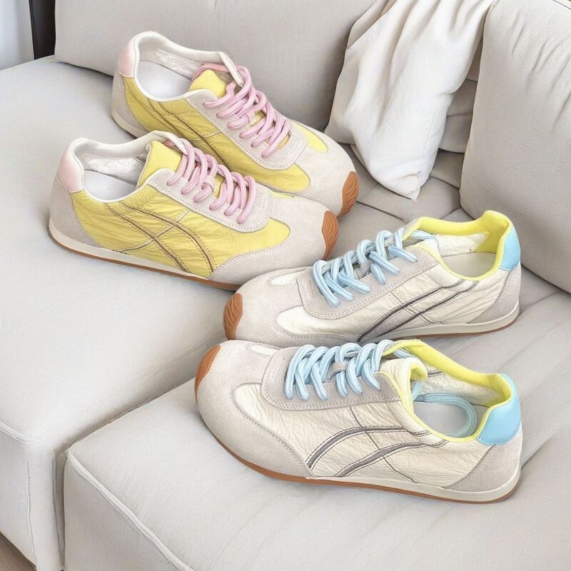 Macaron Shoes Retro Moral Training Shoes Flat Lace-Up Women's Versatile Color-Blocking Lightweight Casual Sports Commuting Shoes