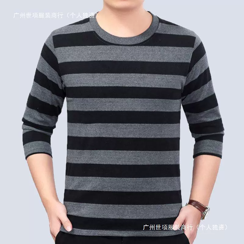 Мужская футболка с длинным рукавом с круглым вырезом Весенняя нижняя рубашка из хлопка в полоску свитер среднего возраста повседневная рубашка