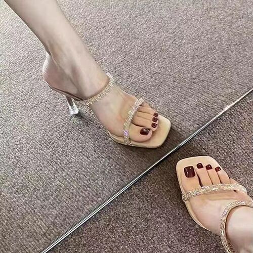 Fairy style belt fine heel diamond high heels 2025 new summer transparent sandals women's middle heel sandals sandals sandals