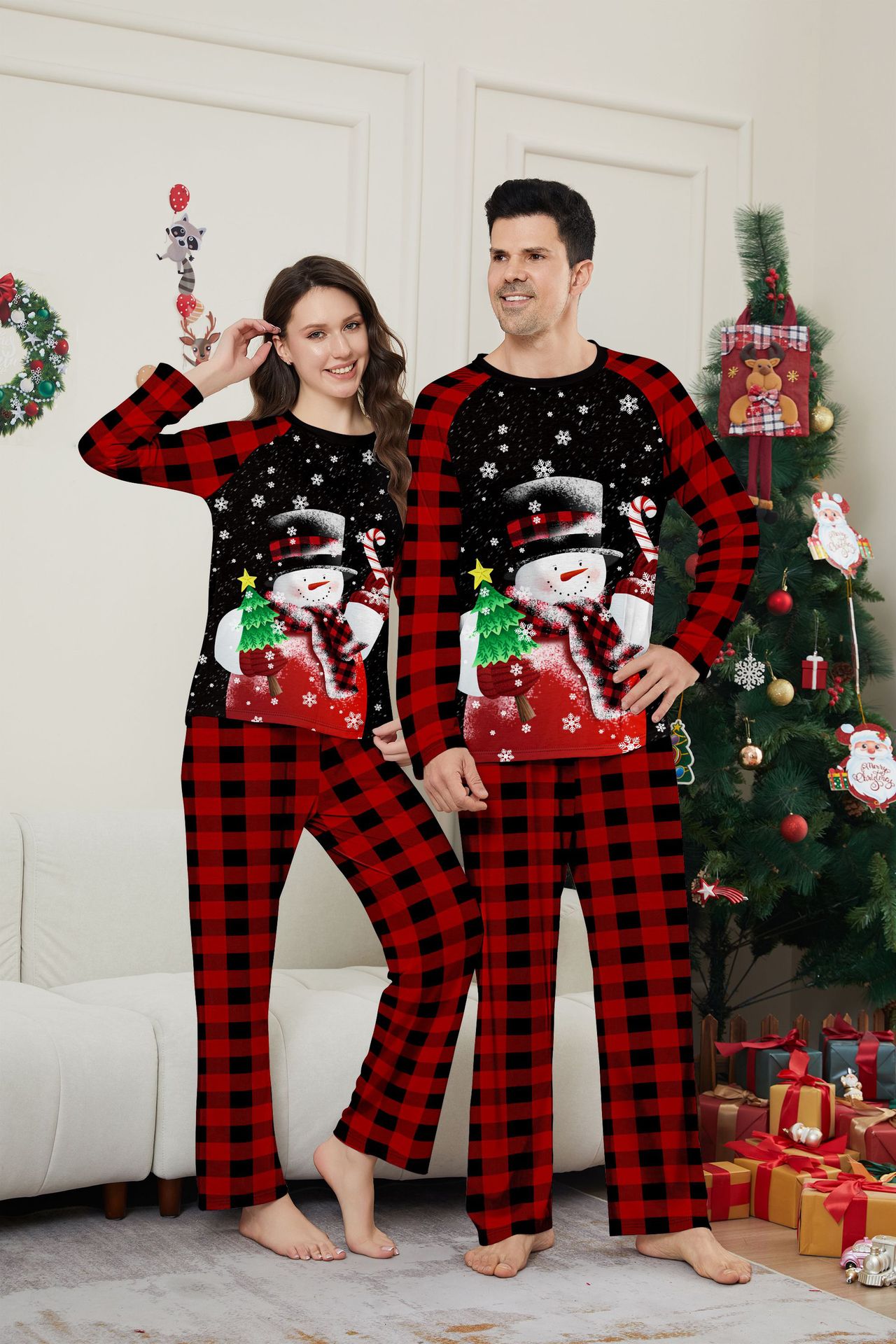 Christmas snowman candy cane snowflake Christmas family suit printed homewear sleep_voghion.com