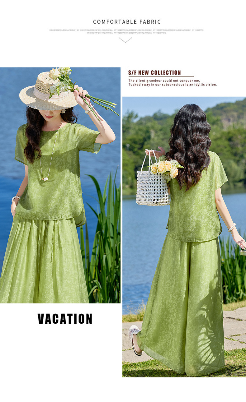 Bộ quần áo hai mảnh sơ mi hoa văn nổi quần ống rộng phong cách Trung Quốc mới — Xanh lá cây nhạtcolor, màu trắng chi tiết 16