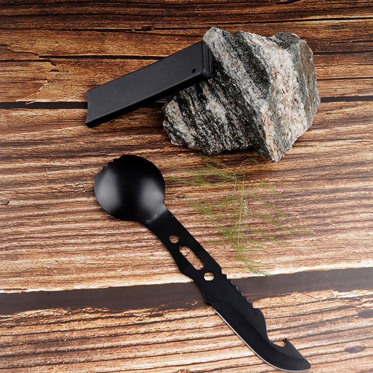 Campamento al aire libre supervivencia multifuncional herramienta de rocío silbato cuchillo de picnic suministros vajilla cuchillo, tenedor y cuchara a juego conveniente llevar