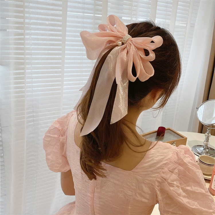 Inlay Design Sweet Bow Knot Cloth Organza Inlay Artificial Pearls Hair Clip 1 Piece