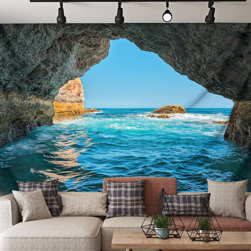 9WOR簡約風3D立體山洞背景布大自然臥室酒店餐廳裝飾掛布海灘風景