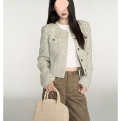 小香风短外套女秋季新款高级感韩系气质时尚粗花呢上衣水绿色氨纶