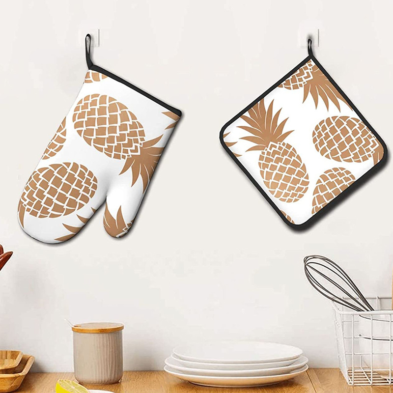 菠萝烤箱手套套装金色可爱热垫耐热可水洗烧烤烹饪烘焙手套