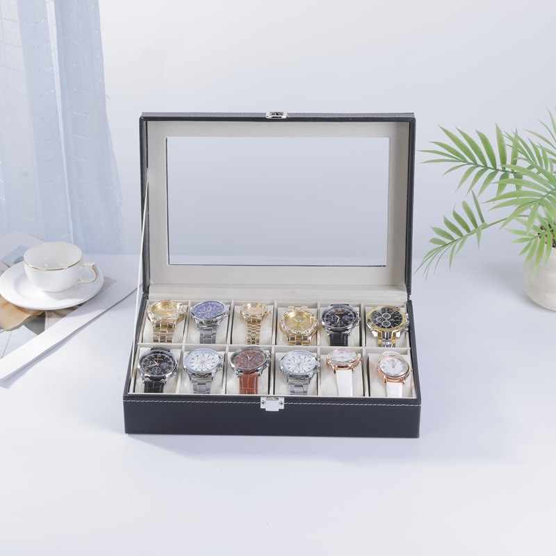 Fabricante en stock al por mayor caja de reloj PU de 12 bits con ventana de vidrio reloj caja de visualización caja de almacenamiento caja de embalaje