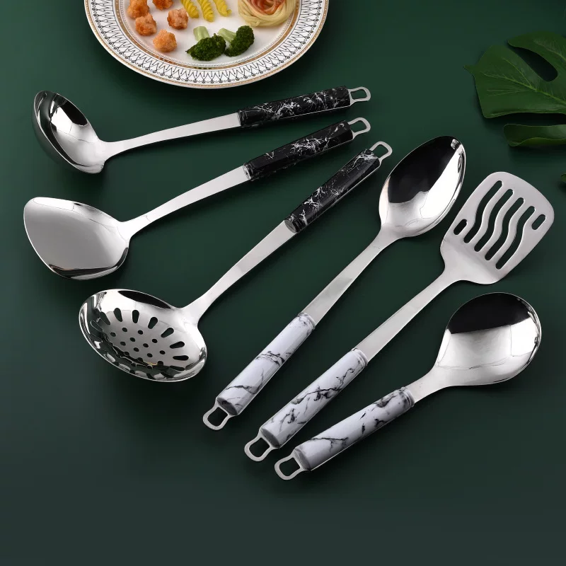 Кухонная утварь из нержавеющей стали 201, мраморная ручка, лопатка для жарки, ложка для горячего горшка, большая шумовка, ложка для риса