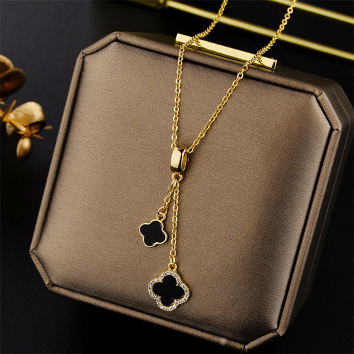  Korean Version New Fashion Simple Micro-Set Diamond Tassel Clover Pendant Titanium Steel Clasp Necklace Accessory