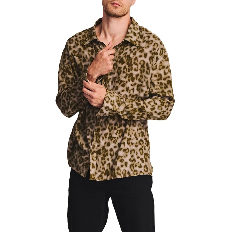Nuovo con stampa leopardata, camicia floreale da uomo casual ampia a maniche lunghe stampata oversize_voghion.com
