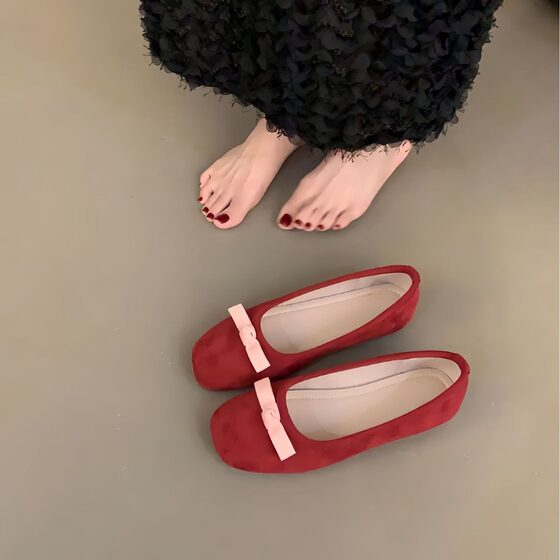 Women's Non-Tired Foot Soft-Sole Shoes French Style Beautiful Chanel Color Block Bow Shallow Mouth Flat Shoes