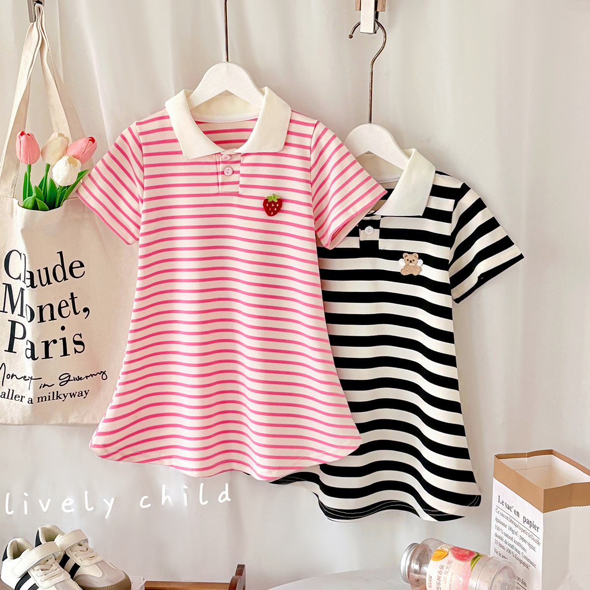 Girls Summer Short-Sleeved Skirt Baby Striped College Style Princess Skirt Girls Summer Half-Sleeved Collar Skirt